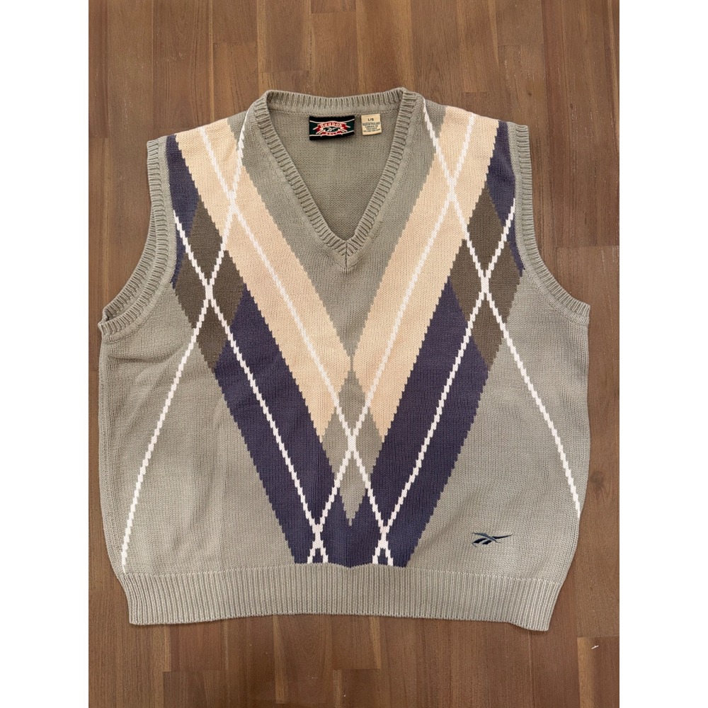 Reebok Golf Sweater Vest Mens Large Argyle V-Neck Green Cotton Vintage Knit
